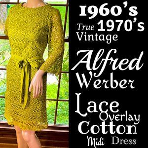 ▪️VTG▪️ALFRED WERBER▪️ILGWU▪️1960's 1970's Floral Lace Overlay Cotton Midi Dress